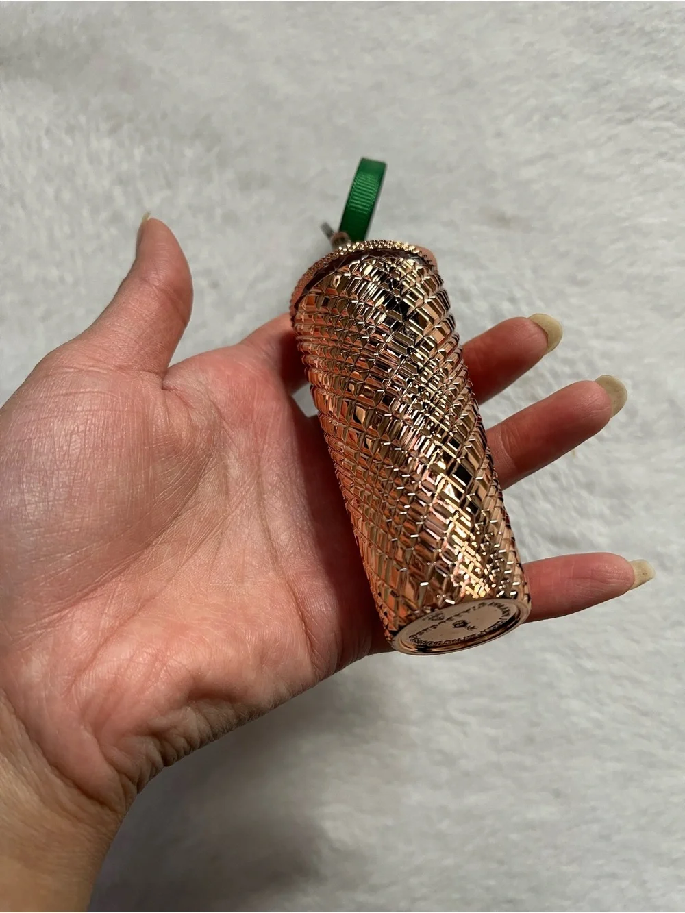Starbucks Rose Gold Textured Tumbler Keychain with Green Ribbon Loop